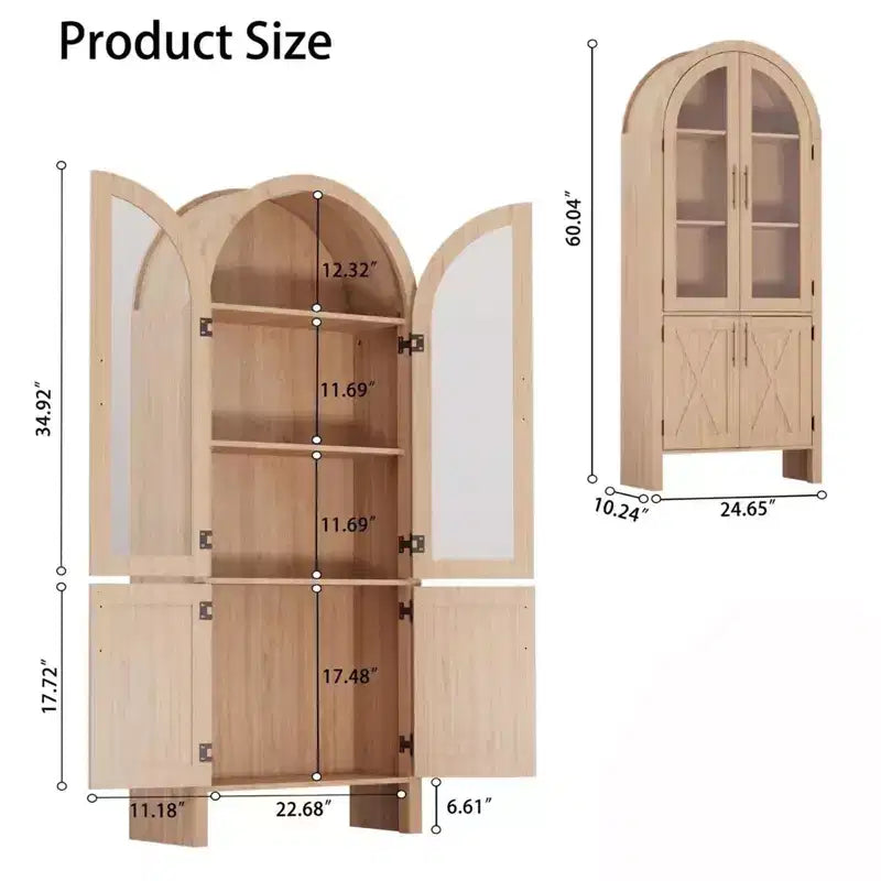 Garde-Manger de cuisine arqué 60 | Meuble arqué 4 niveaux avec portes, Rangement en bois moderne avec étagères réglables pour salon et salle à manger