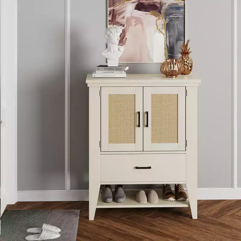 Bahut buffet en rotin avec tiroir, meuble de rangement, armoire d'appoint pour café blanc, meuble de cuisine, console pour entrée, salon