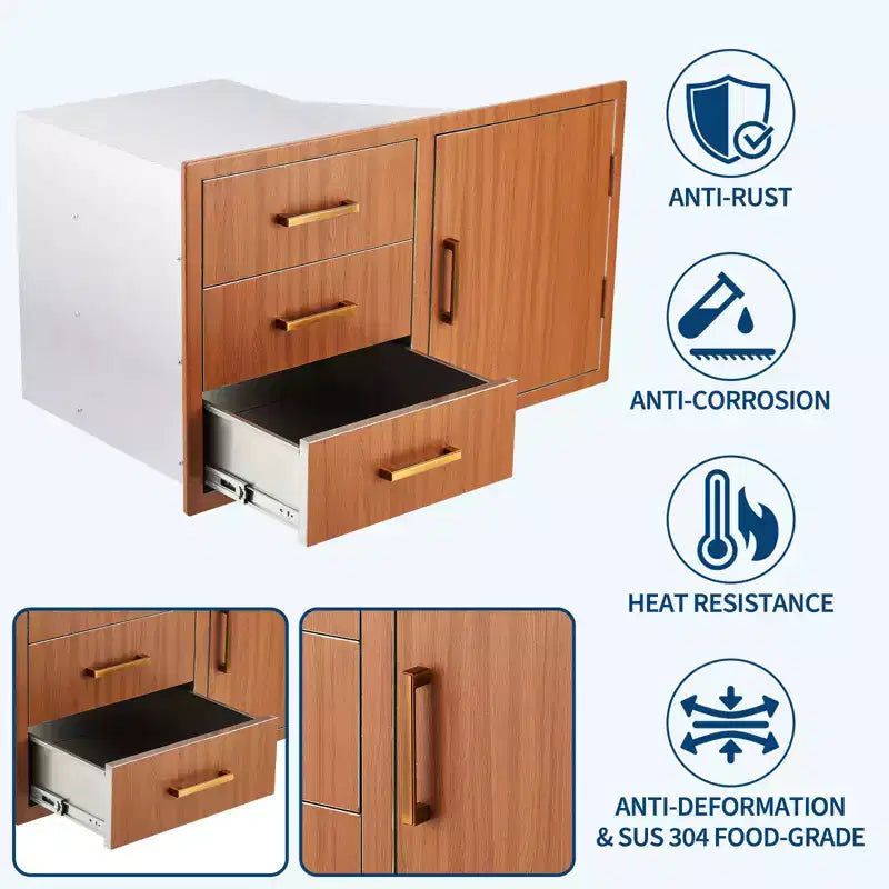 Ensemble de tiroirs et d'armoires de cuisine d'extérieur en acier inoxydable avec anneau de déchets réglable, montage encastré résistant aux intempéries - 38,2 L x 20,5 H x 22,6 P