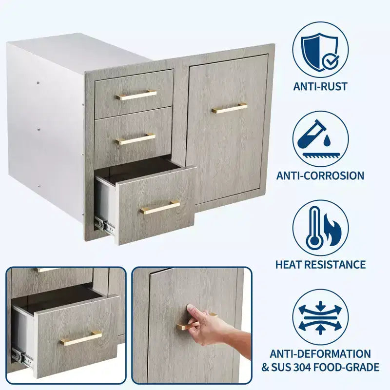 Ensemble de tiroirs et d'armoires de cuisine d'extérieur en acier inoxydable avec anneau de déchets réglable, montage encastré résistant aux intempéries - 38,2 L x 20,5 H x 22,6 P
