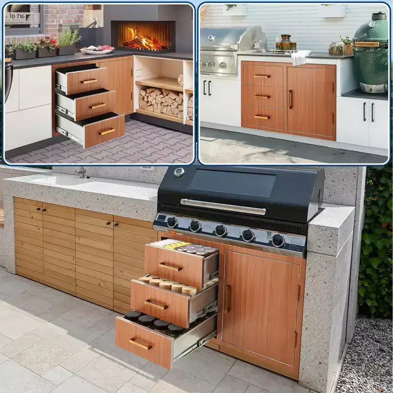 Ensemble de tiroirs et d'armoires de cuisine d'extérieur en acier inoxydable avec anneau de déchets réglable, montage encastré résistant aux intempéries - 38,2 L x 20,5 H x 22,6 P