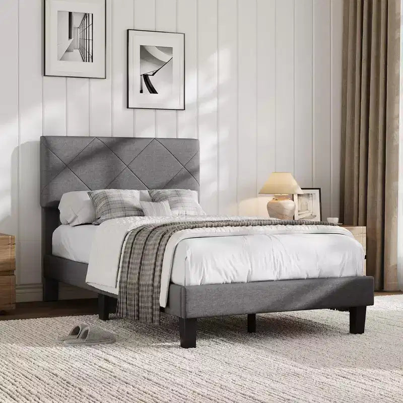Cadre de lit avec tête de lit capitonnée, sommier tapissier double avec support de lattes en bois, assemblage facile, aucun sommier tapissier requis