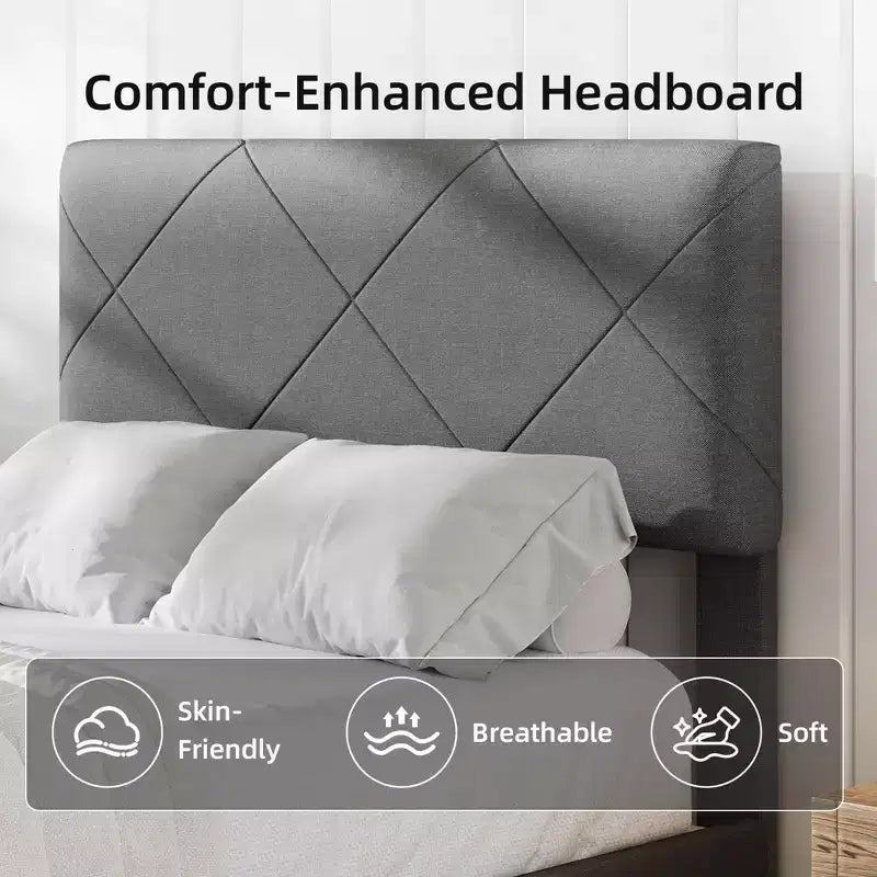 Cadre de lit avec tête de lit capitonnée, sommier tapissier double avec support de lattes en bois, assemblage facile, aucun sommier tapissier requis