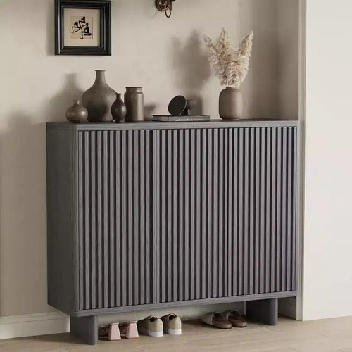Meuble à chaussures rustique à 5 niveaux avec porte cannelée, banc de rangement de 117 cm pour entrée, salon ou hall