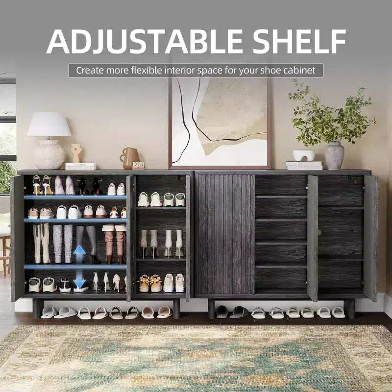 Meuble à chaussures rustique à 5 niveaux avec porte cannelée, banc de rangement de 117 cm pour entrée, salon ou hall