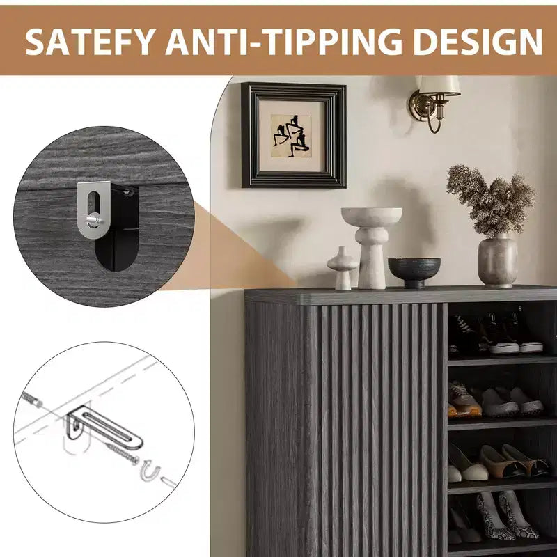 Meuble à chaussures rustique à 5 niveaux avec porte cannelée, banc de rangement de 117 cm pour entrée, salon ou hall