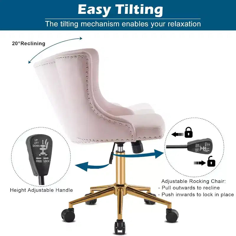 VINGLI Chaise de bureau sans accoudoirs en velours, jolie chaise de coiffeuse/maquillage rembourrée avec dossier pour chambre à coucher et pour femmes/filles