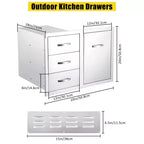 Meuble d'extérieur 3 tiroirs en acier inoxydable - Combo de rangement encastré étanche avec accès barbecue et tiroirs poubelle