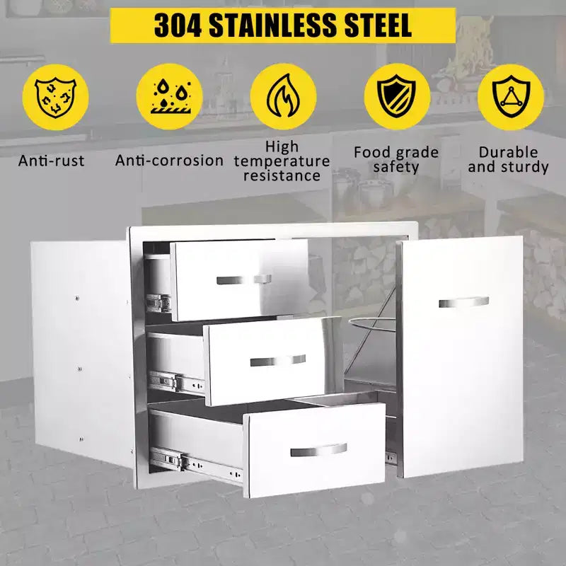 Meuble d'extérieur 3 tiroirs en acier inoxydable - Combo de rangement encastré étanche avec accès barbecue et tiroirs poubelle