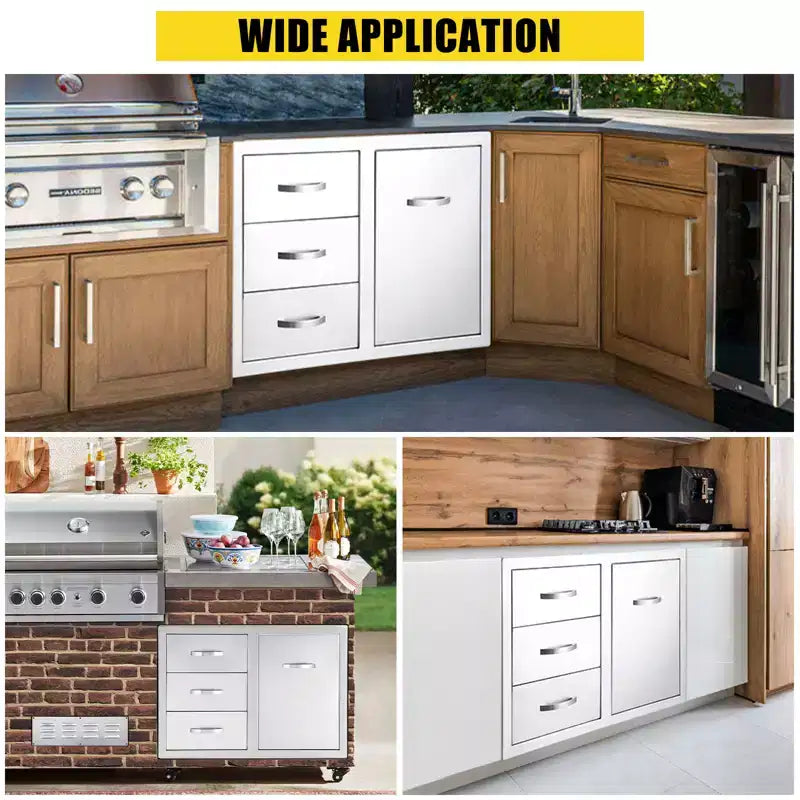 Meuble d'extérieur 3 tiroirs en acier inoxydable - Combo de rangement encastré étanche avec accès barbecue et tiroirs poubelle