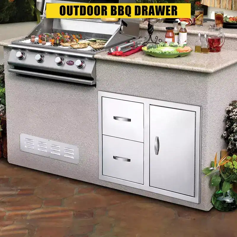 Meuble d'extérieur 3 tiroirs en acier inoxydable - Combo de rangement encastré étanche avec accès barbecue et tiroirs poubelle