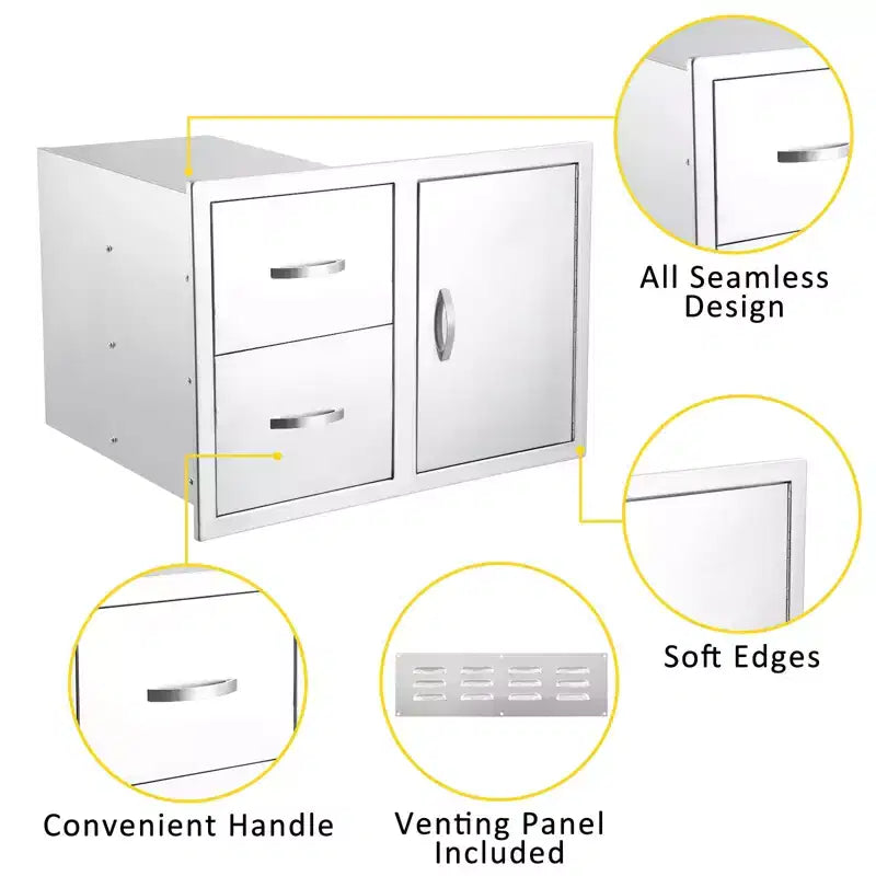 Meuble d'extérieur 3 tiroirs en acier inoxydable - Combo de rangement encastré étanche avec accès barbecue et tiroirs poubelle