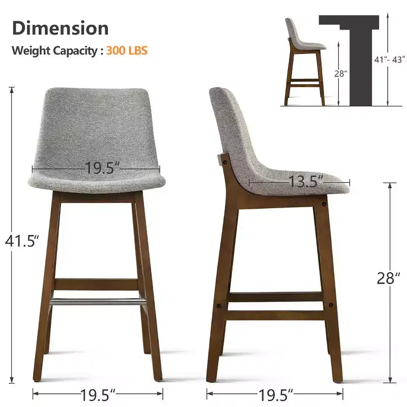 Lot de 2 tabourets de bar modernes du milieu du siècle avec dossiers, chaises hautes rembourrées de 71 cm avec pieds en bois massif - Panipeachy