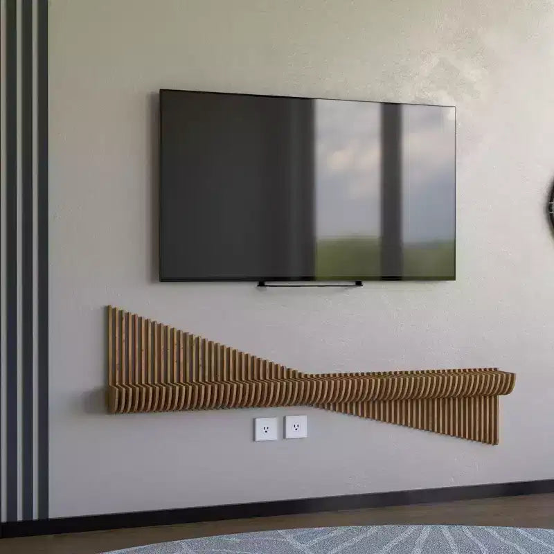 Wear Sierra BATAMEX Parametric 60 inch Floating Shelf TV Unit Modern Geometric Wooden Wall Piece Decor Natural Oak Color 3D Wavy Living Room Shelf