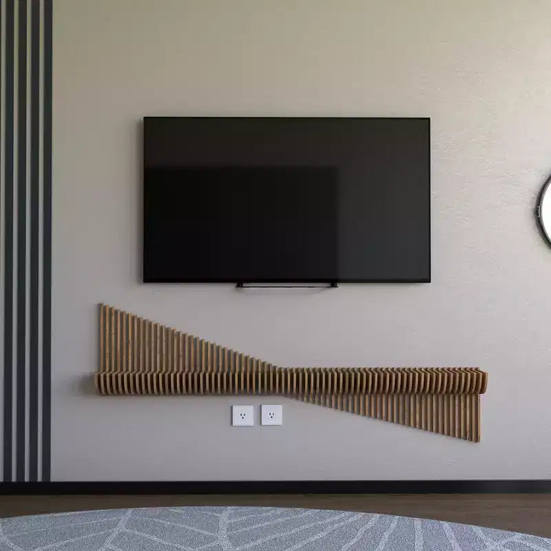 Étagère TV flottante Sierra BATAMEX Parametric 60 pouces Unité murale géométrique moderne en bois Décor Chêne naturel Couleur Ondulée 3D Étagère de salon