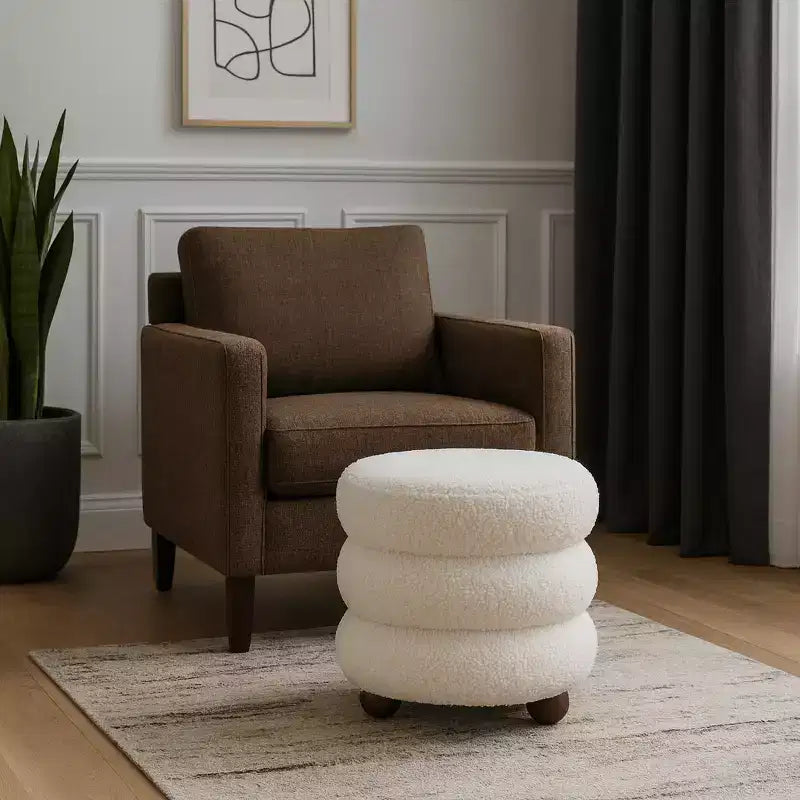 Pouf décoratif texturé côtelé avec pieds boules - Chaise d'appoint moderne pour coiffeuse, chambre et salon - 18, Ivoire