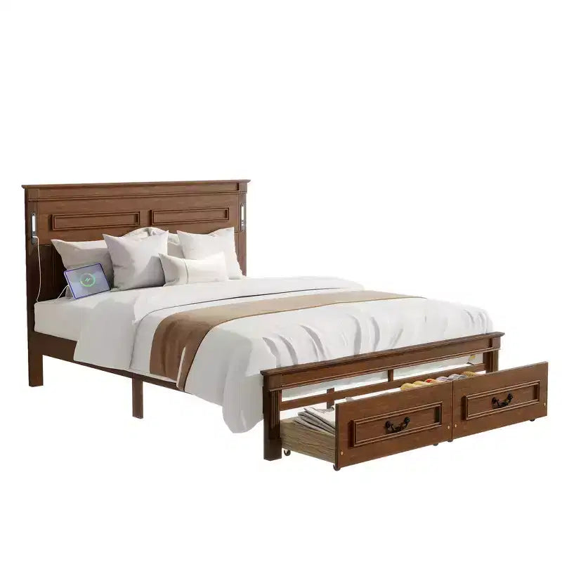 Lit et cadre de lit en bois Whisen Queen avec tête et pied de lit à panneau haut, 2 tiroirs de rangement