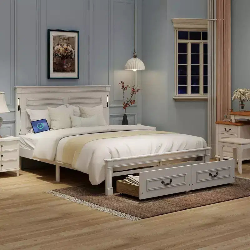 Lit et cadre de lit en bois Whisen Queen avec tête et pied de lit à panneau haut, 2 tiroirs de rangement