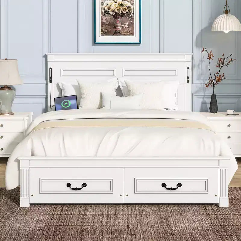 Lit et cadre de lit en bois Whisen Queen avec tête et pied de lit à panneau haut, 2 tiroirs de rangement