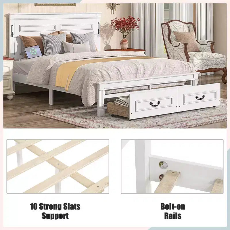 Lit et cadre de lit en bois Whisen Queen avec tête et pied de lit à panneau haut, 2 tiroirs de rangement