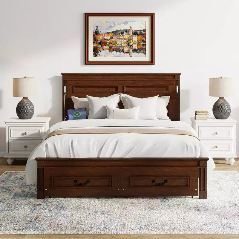 Lit et cadre de lit en bois Whisen Queen avec tête et pied de lit à panneau haut, 2 tiroirs de rangement