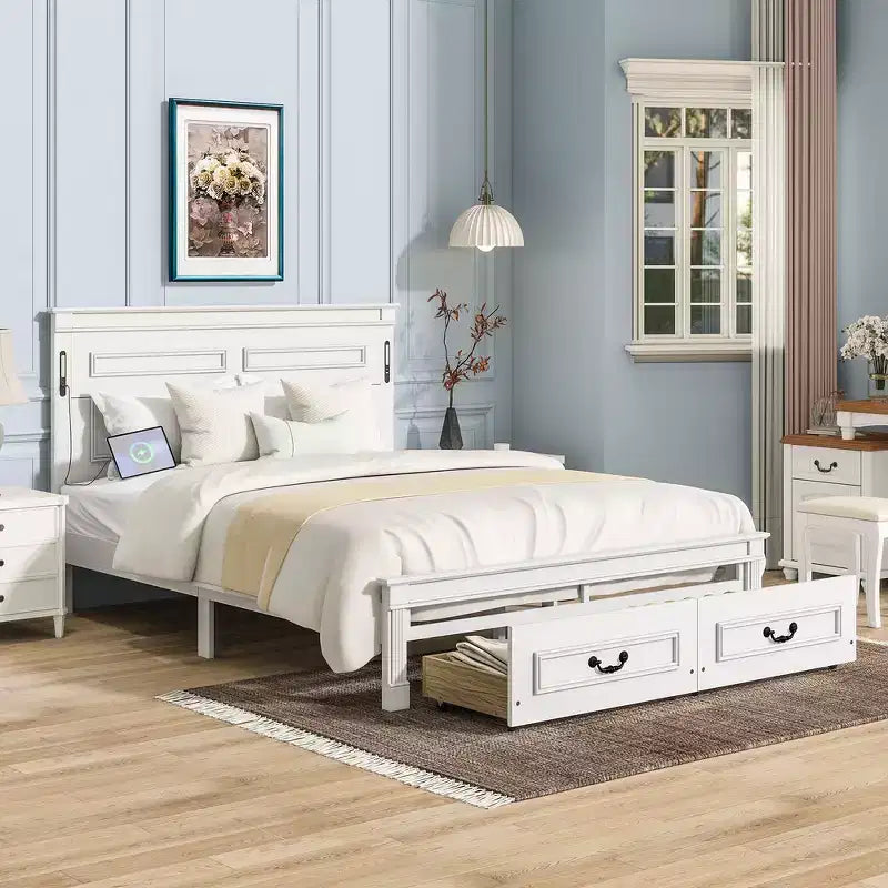 Lit et cadre de lit en bois Whisen Queen avec tête et pied de lit à panneau haut, 2 tiroirs de rangement