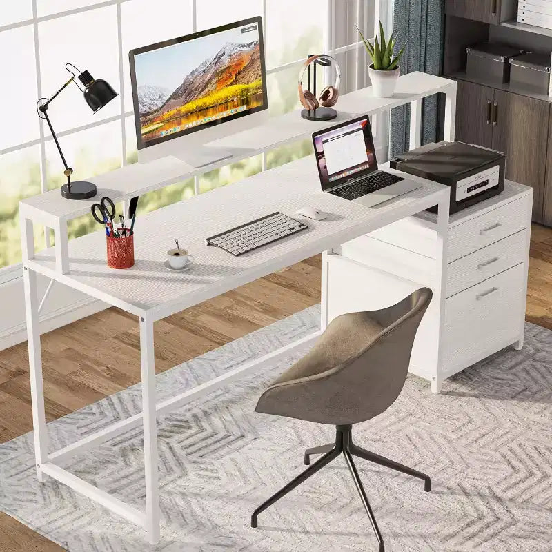 Lantine 63 Inch White Computer Desk: Ergonomic office desk with file drawer, monitor stand, printer space, ideal wood workstation for home office.