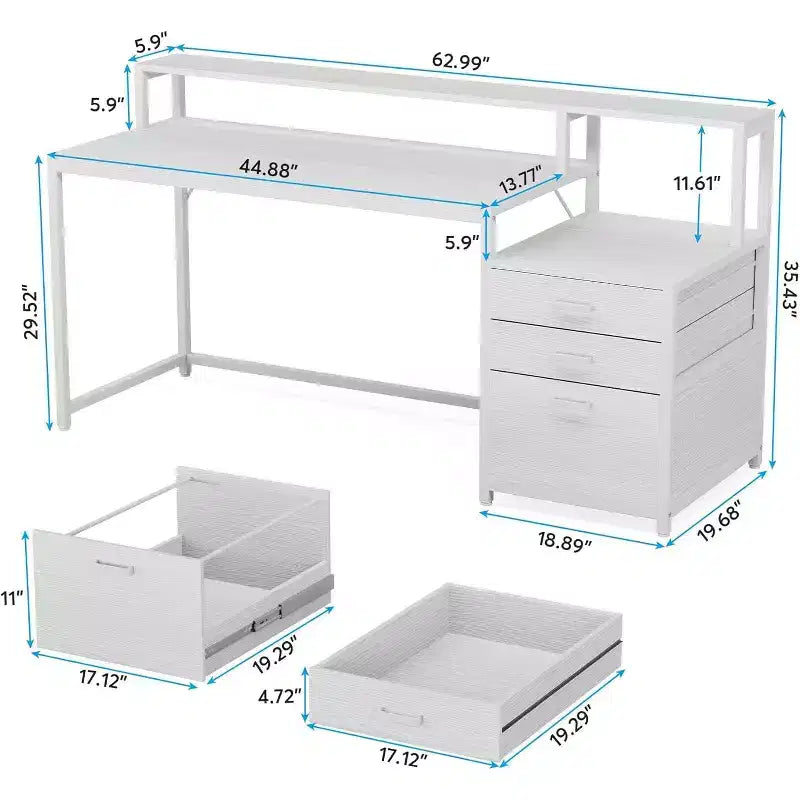 Bureau d'ordinateur blanc Lantine 63 pouces : Bureau ergonomique avec tiroir de classement, support d'écran, espace imprimante, poste de travail en bois idéal pour le bureau à domicile.