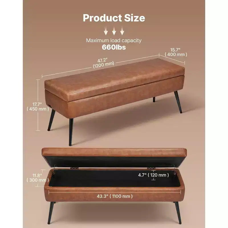 Banc de rangement VIYET 47 en cuir synthétique marron, pieds en métal supportant 300 kg, banc à fermeture douce pour entrée/chambre/salon