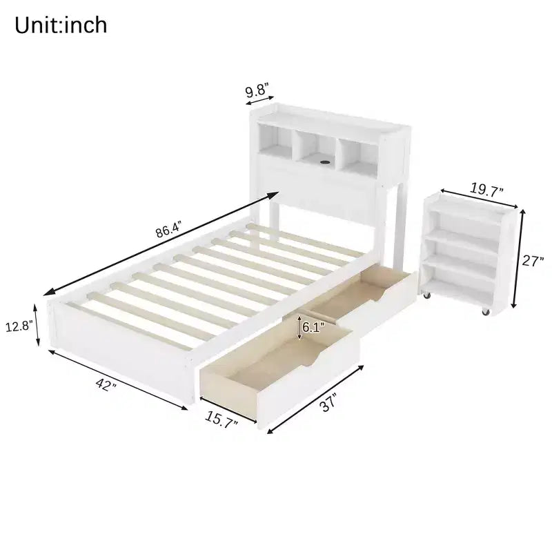 Lit double/grand en bois avec tête de lit de rangement, éclairage LED intégré et station de charge, 2 tiroirs et meuble coulissant - ModernLuxe