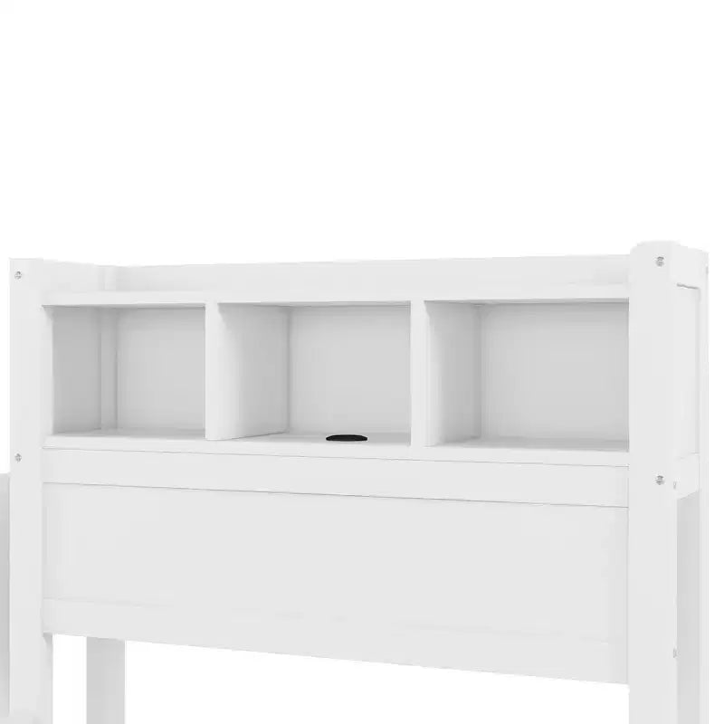 Lit double/grand en bois avec tête de lit de rangement, éclairage LED intégré et station de charge, 2 tiroirs et meuble coulissant - ModernLuxe
