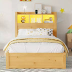 Lit double/grand en bois avec tête de lit de rangement, éclairage LED intégré et station de charge, 2 tiroirs et meuble coulissant - ModernLuxe
