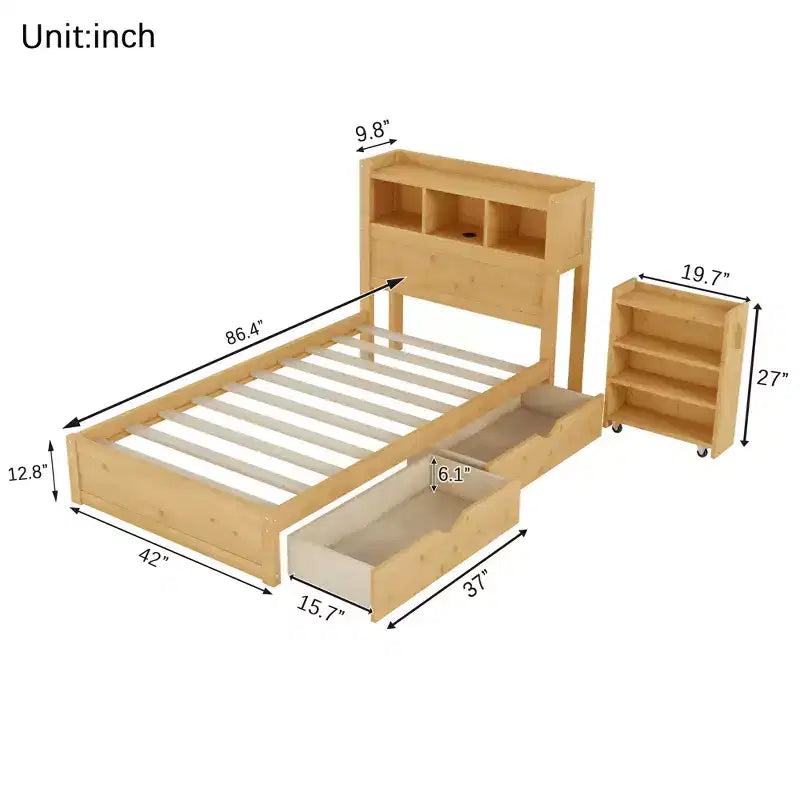 Lit double/grand en bois avec tête de lit de rangement, éclairage LED intégré et station de charge, 2 tiroirs et meuble coulissant - ModernLuxe
