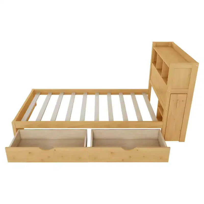 Lit double/grand en bois avec tête de lit de rangement, éclairage LED intégré et station de charge, 2 tiroirs et meuble coulissant - ModernLuxe