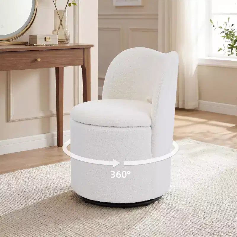 Chaise de coiffeuse avec rangement, Chaise de maquillage pivotante à 360°, Tabouret de baril moderne pivotant avec dossier, Ottoman rembourré, Tabouret de coiffeuse avec dossier