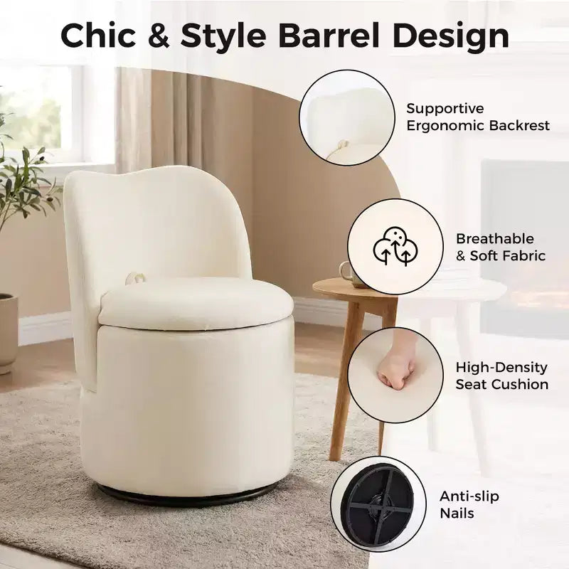 Chaise de coiffeuse avec rangement, Chaise de maquillage pivotante à 360°, Tabouret de baril moderne pivotant avec dossier, Ottoman rembourré, Tabouret de coiffeuse avec dossier
