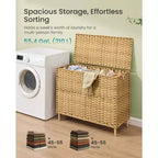 SONGMICS Panier à linge avec couvercle, panier à linge en rotin PE avec doublure amovible, panier de rangement, trieur à 4 sections, 210 L, jaune oie