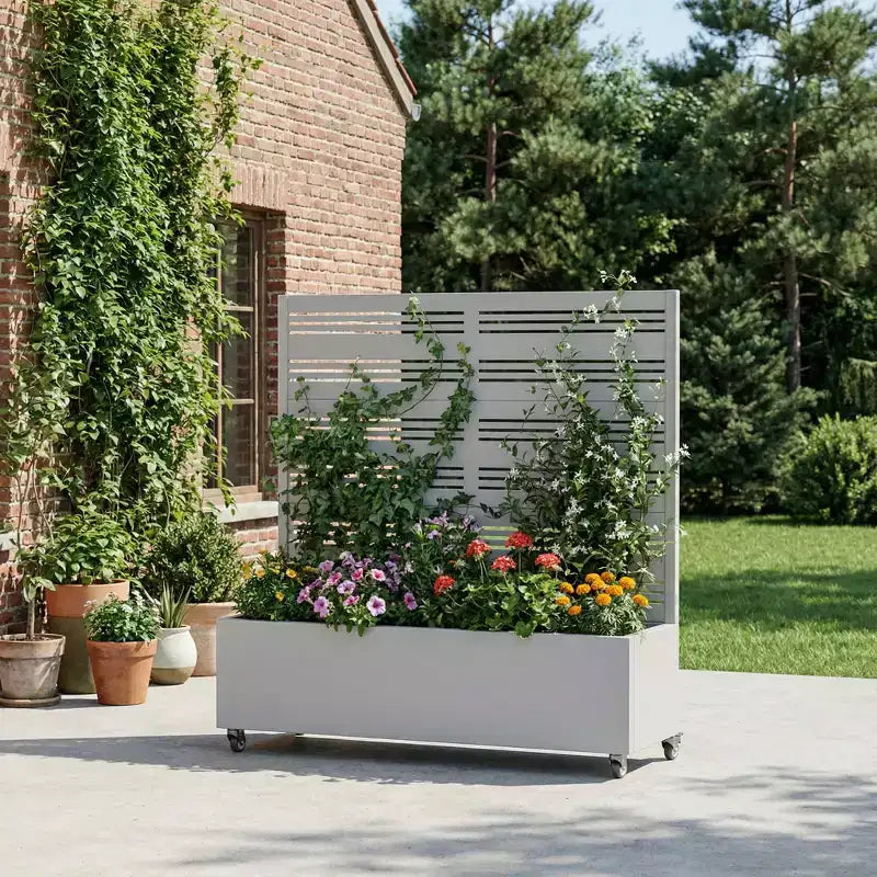 MAYEERTY Gray Wrought Iron Planter with Trellis (Harold B Louvered), 47x47x16, 3-Piece Outdoor Garden Decor