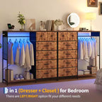 Commode de chambre à coucher avec tringle à vêtements, commode à 6 tiroirs en tissu avec tringle à vêtements, commode de rangement à plateau en bois