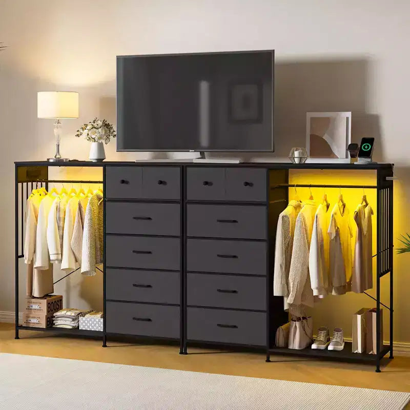 Commode de chambre à coucher avec tringle à vêtements, commode à 6 tiroirs en tissu avec tringle à vêtements, commode de rangement à plateau en bois