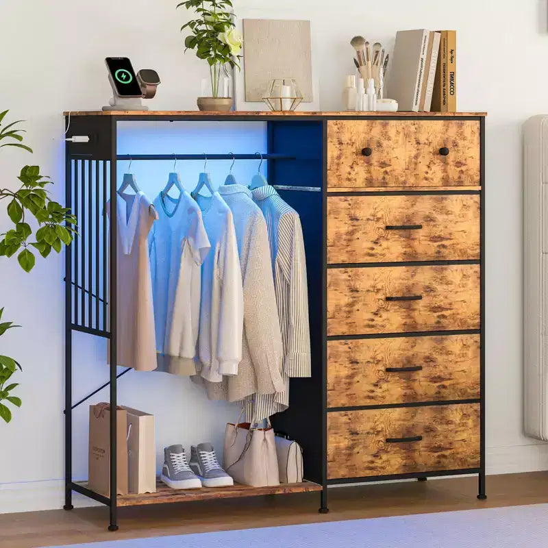 Commode de chambre à coucher avec tringle à vêtements, commode à 6 tiroirs en tissu avec tringle à vêtements, commode de rangement à plateau en bois
