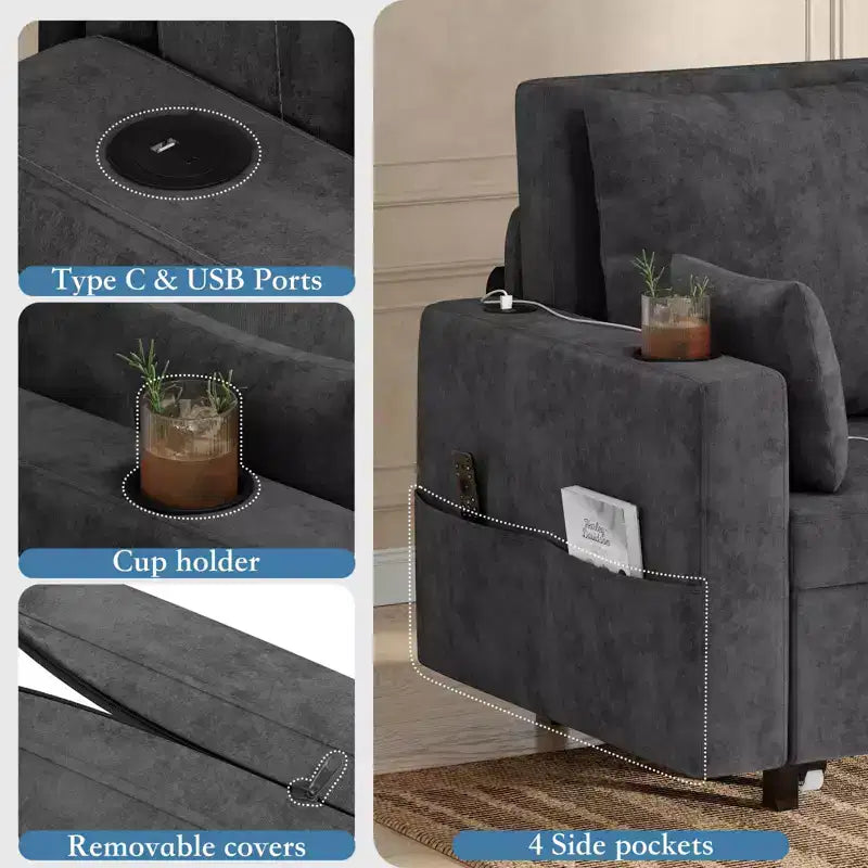 Canapé-lit convertible 3 en 1 avec ports USB, porte-gobelets et poches latérales, causeuse moderne pour salon
