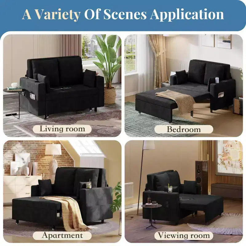 Canapé-lit convertible 3 en 1 avec ports USB, porte-gobelets et poches latérales, causeuse moderne pour salon