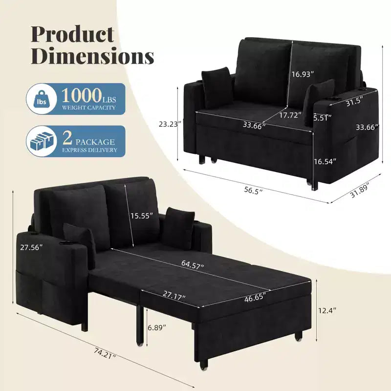 Canapé-lit convertible 3 en 1 avec ports USB, porte-gobelets et poches latérales, causeuse moderne pour salon