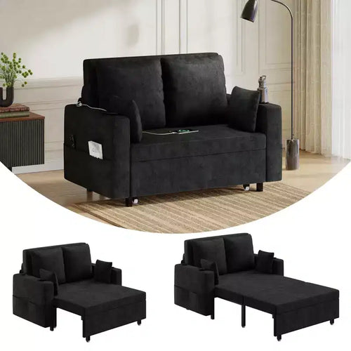 3-in-1 Convertible Sleeper Sofa Bed  Full Size Pull-Out Couch with USB Ports, Cup Holders & Side Pockets, Modern Living Room Loveseat