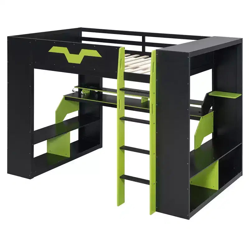 Lit mezzanine Whisen en bois massif avec prise de courant et ports USB/Type-C, gestion des câbles intégrée