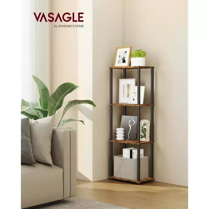 VASAGLE Meuble de Rangement à Montage Ultra-Rapide sans Outil, Étagère à 4 Niveaux pour Salon, Étagère sur Pied, Bibliothèque, Chambre, Cuisine, Marron Rustique et Noir Encre