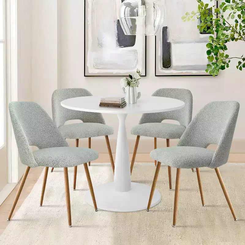 Ensemble table à manger ronde 35" pour 4, table piédestal blanche et chaises en tissu bouclé avec pieds en métal, idéal pour les petits espaces-Panipeachy