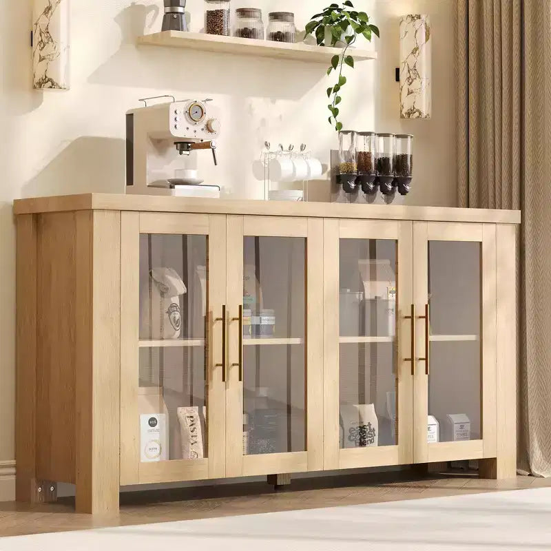 Buffet Cabinet with Storage, 59 Sideboard Credenza with Tempered Glass Doors, Wood Buffet Table for Living Room, Dining Room, Kitchen