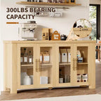 Bahut de rangement, Buffet de salle à manger/crédence de 150 cm avec portes en verre trempé, Table de buffet en bois pour salon, salle à manger, cuisine
